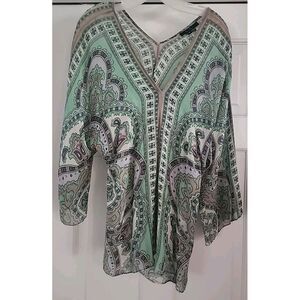 Green & Khaki Boho Paisley‎ Sheer Chiffon Tunic Size 10 ECI New York 3/4 Sleeves